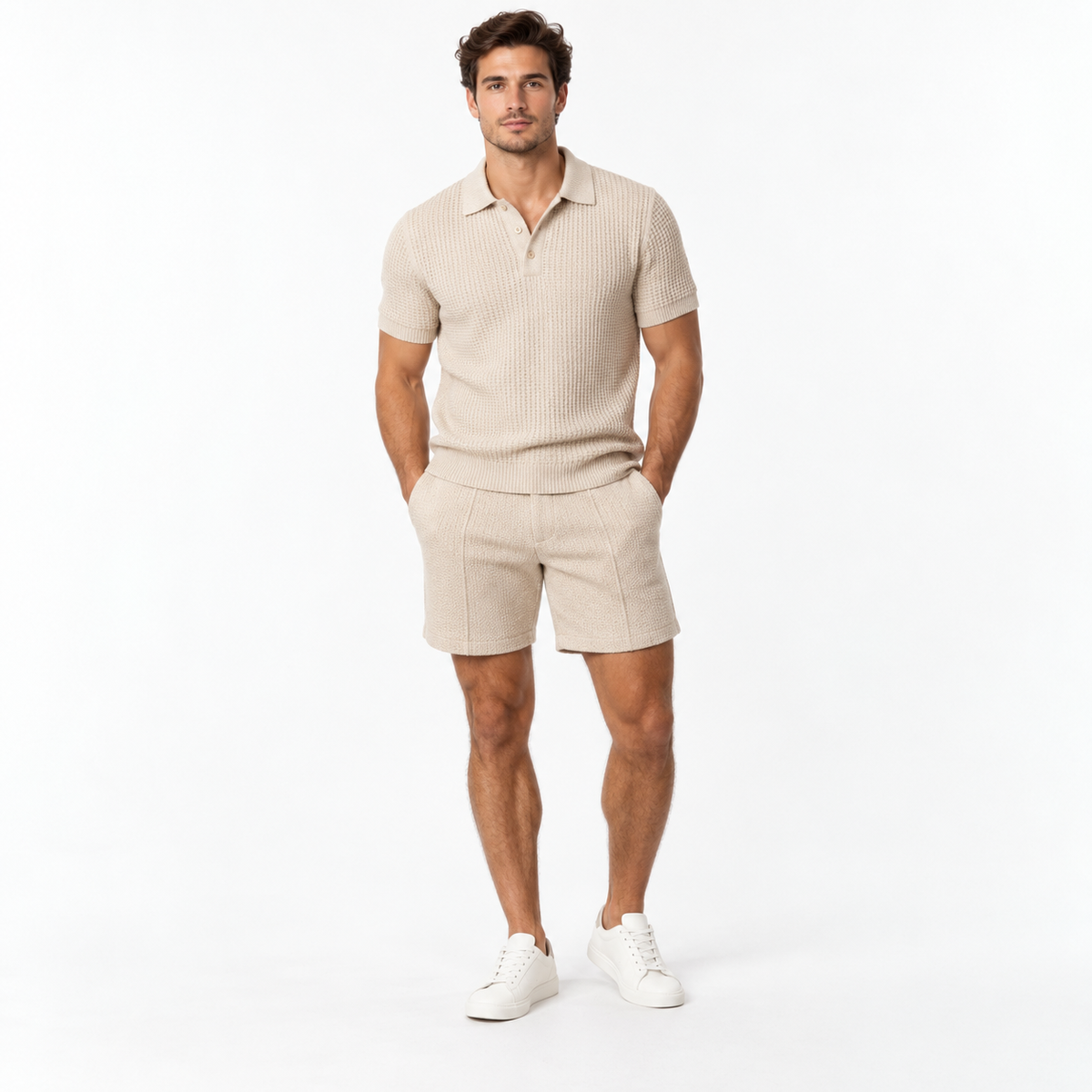Essential Textured Knit Polo & Shorts Set